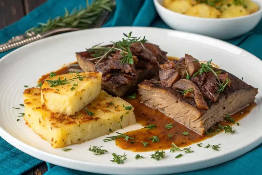 Potato kugel served with brisket	