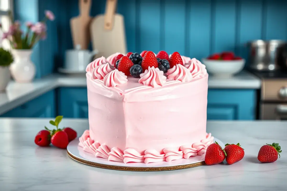 Heart shaped cake* decorated with pink frosting and fresh berries