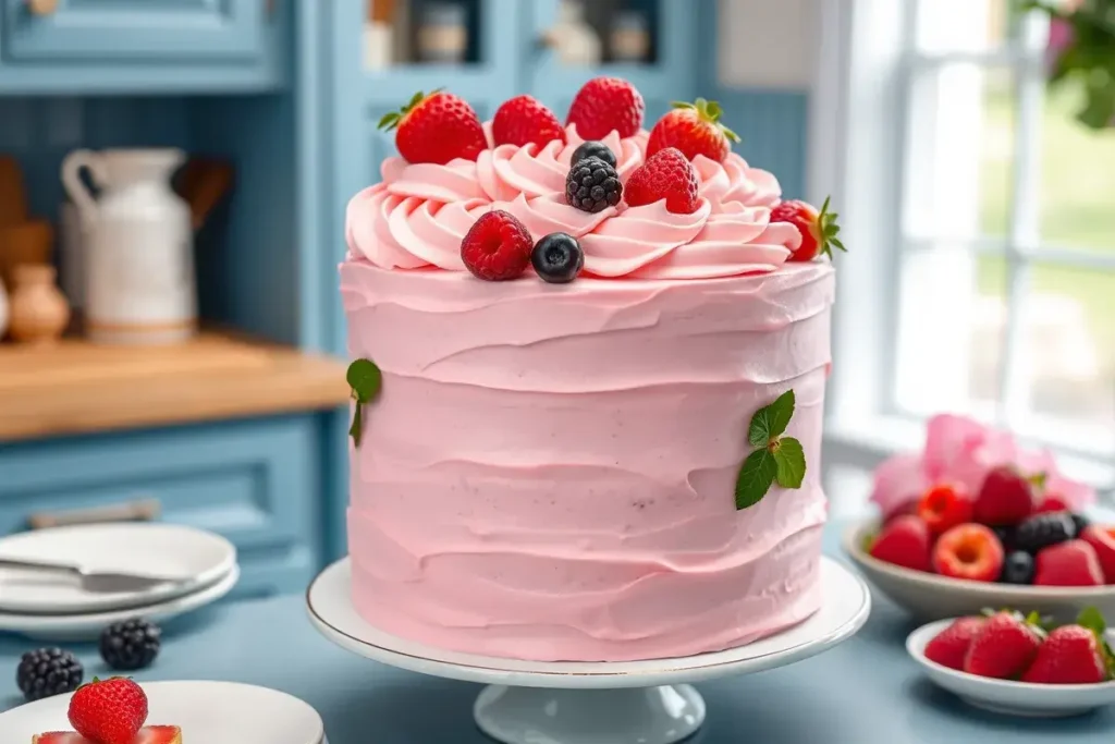 romantic cake decorated with pink frosting and fresh berries