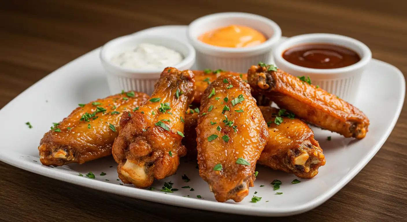 wings on a platter with dipping sauces