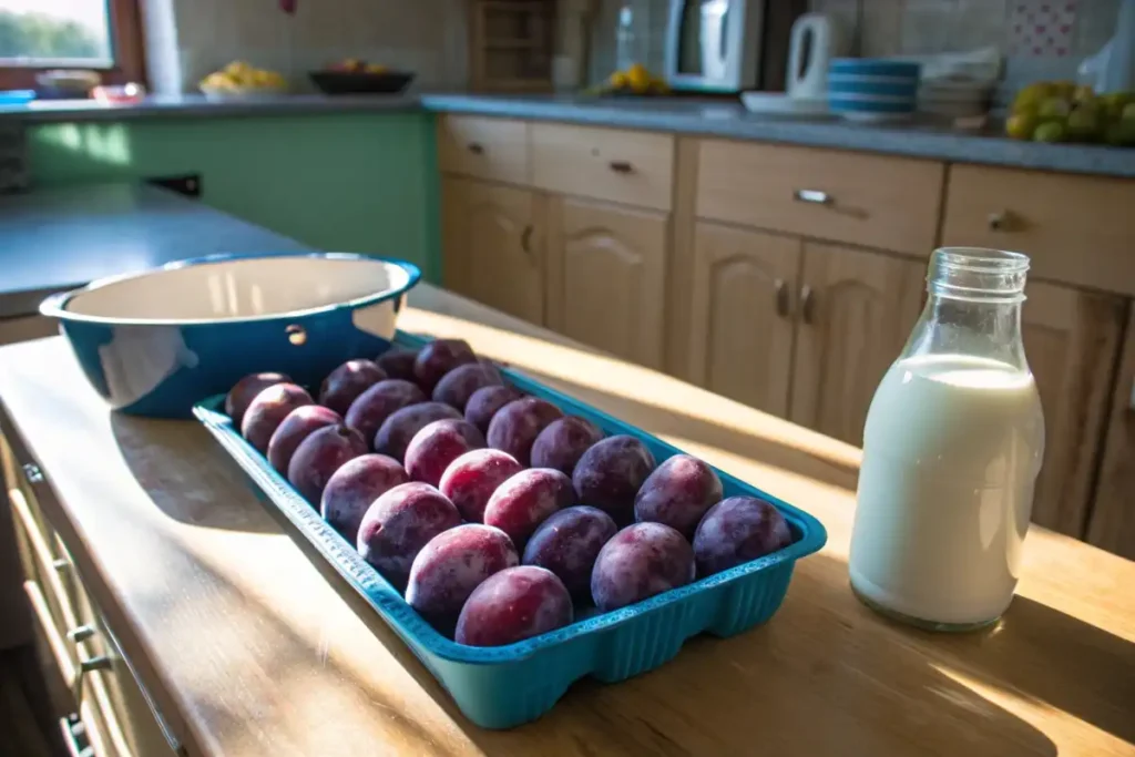 Plums and milk on table