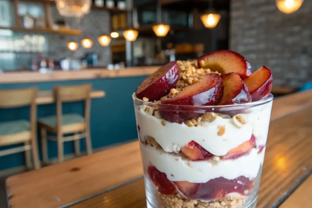 Plum yogurt parfait with granola