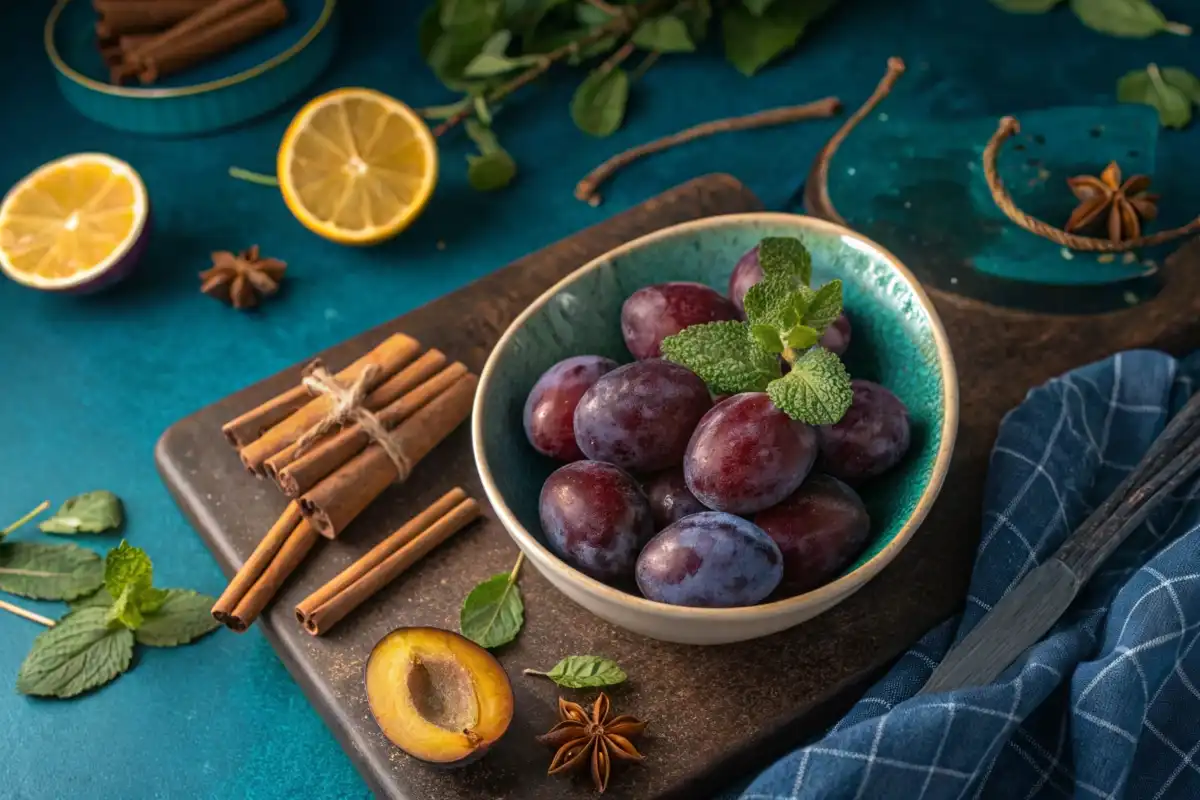 Fresh plums with herbs and spices