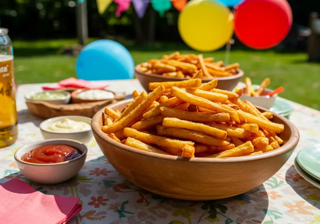 Potato sticks served with dips and toppings