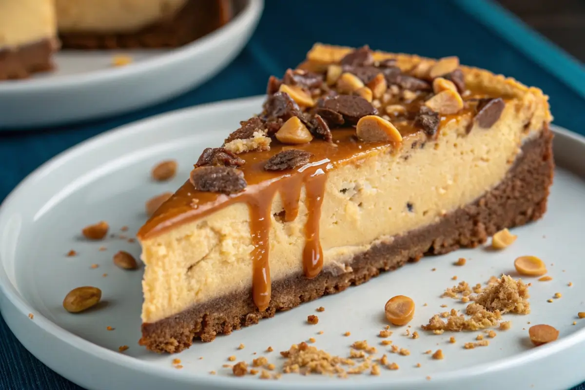 reeses caramel cheesecake slice on a plate