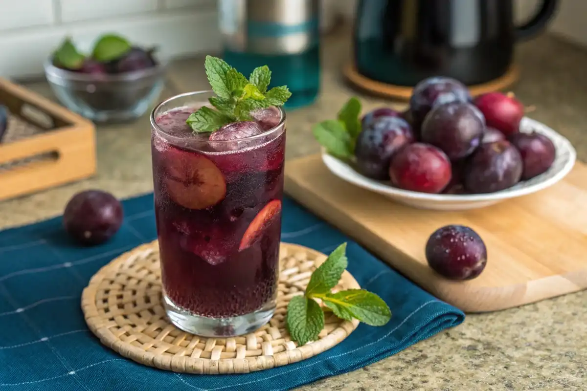 Glass of plum juice with plums