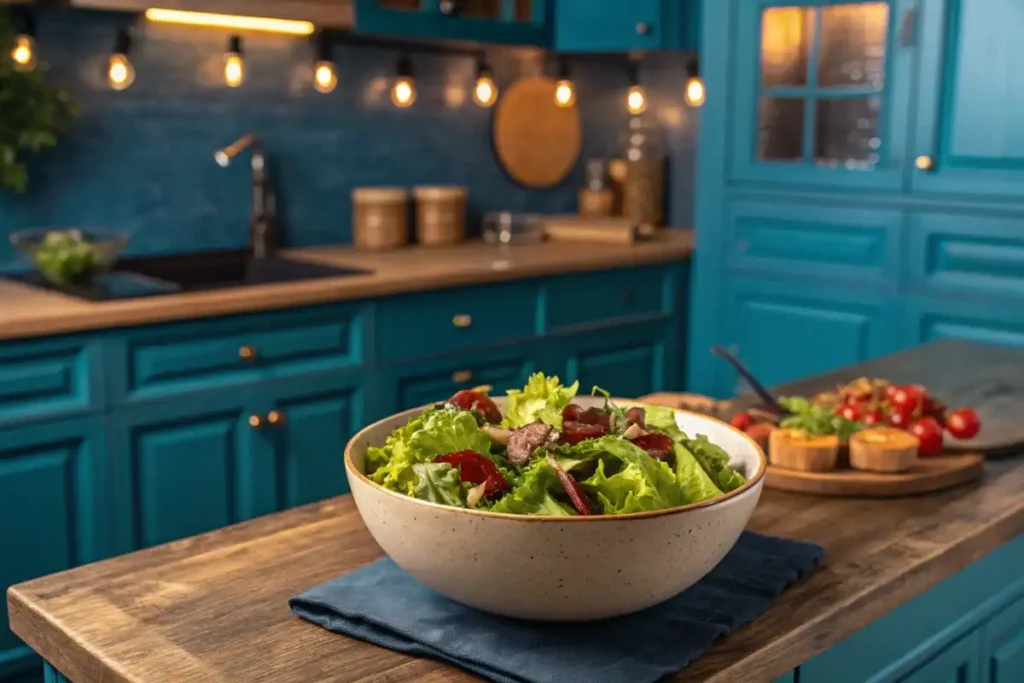 Fresh salad topped with beef bacon crumbles