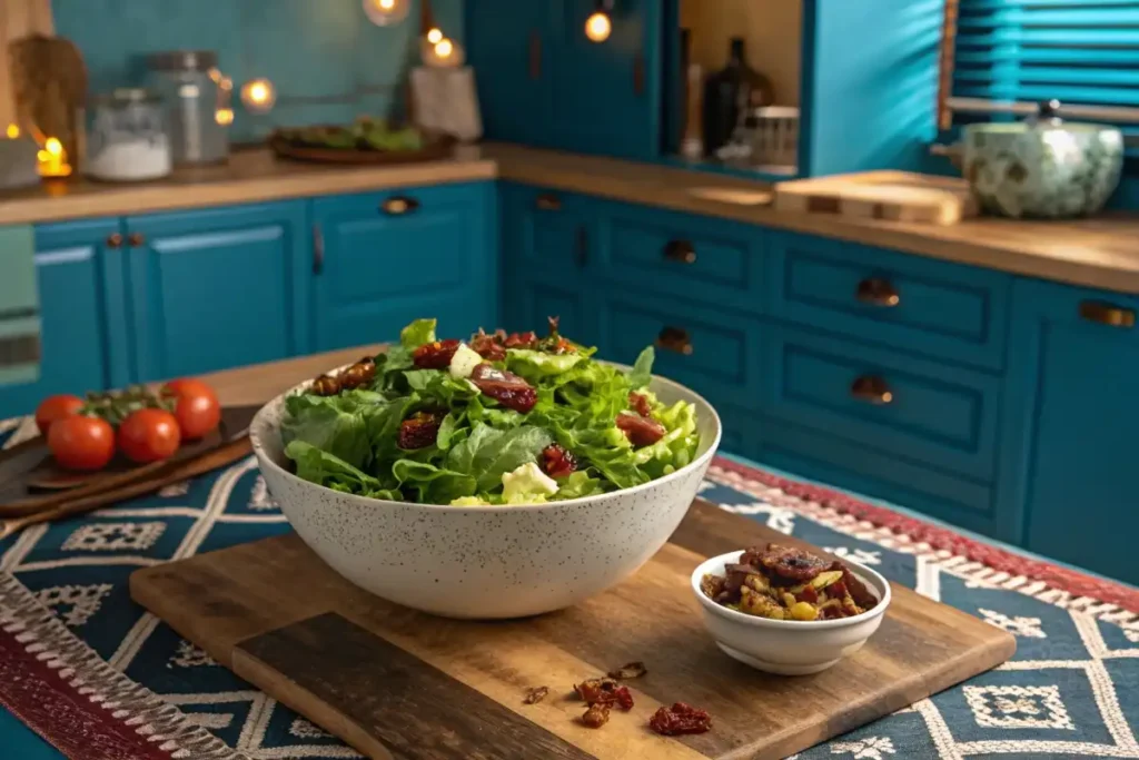 Fresh salad topped with beef bacon strips