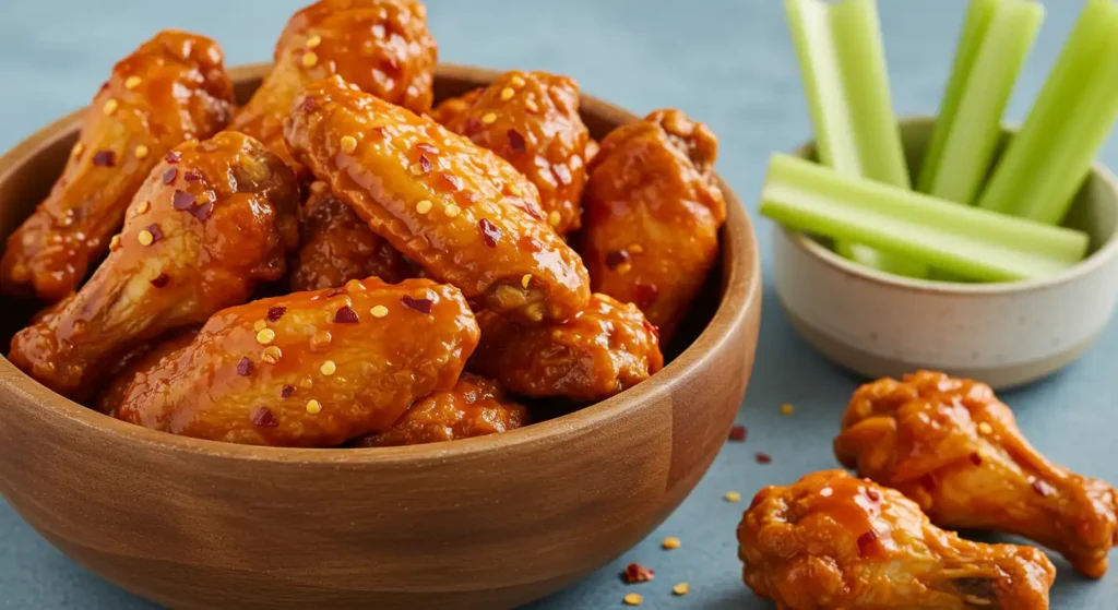 Tossed buffalo wings glistening with sauce