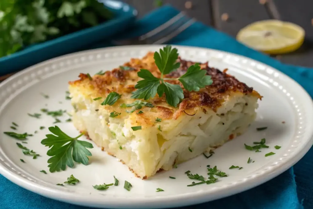 Slice of potato kugel on a plate