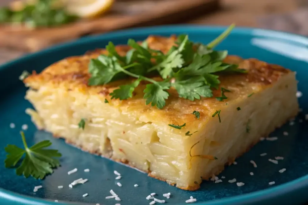 Slice of potato kugel with herbs