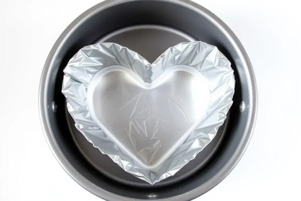 A round cake pan with a V-shaped aluminum foil mold creating a heart outline