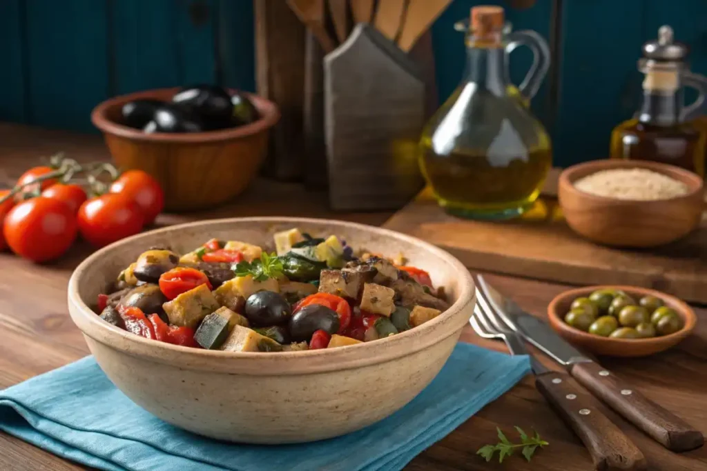 Caponata served in a rustic bowl	