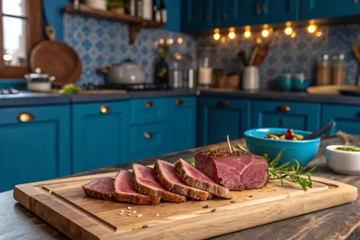 Sliced beef bacon arranged on a wooden board