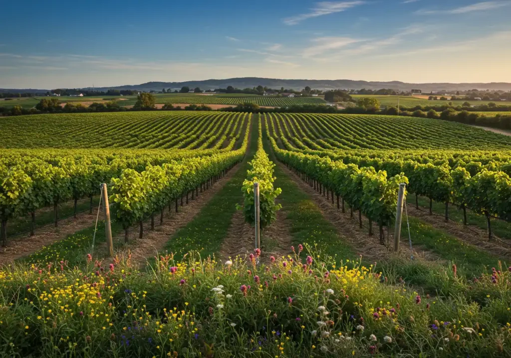 Vineyard using drip irrigation with lush surroundings