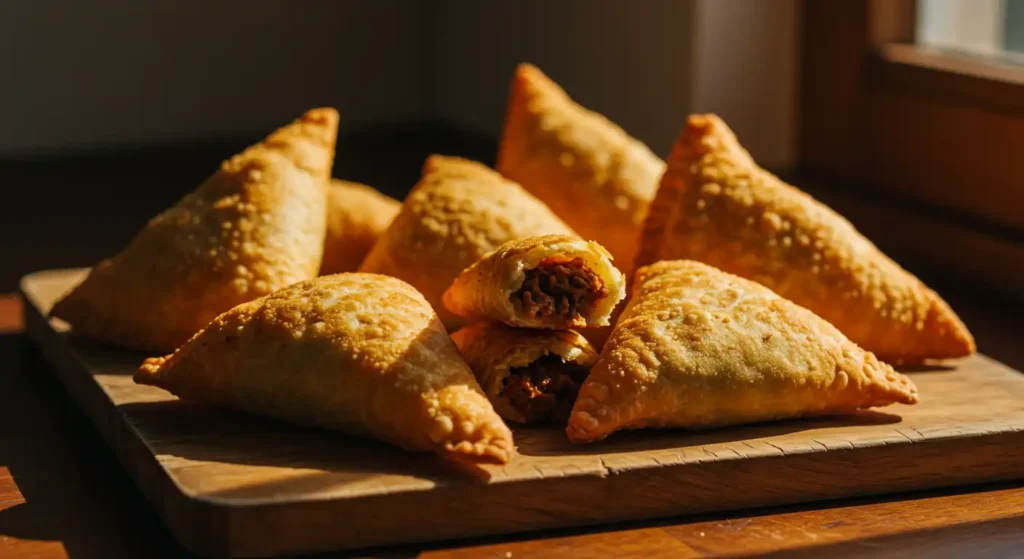 Several golden-brown samosas are arranged on a wooden cutting board. What shapes are pastelitos