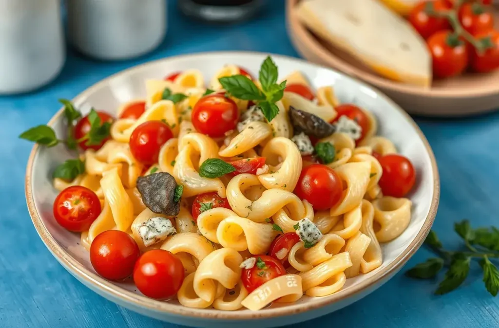 Colorful farfalle pasta salad