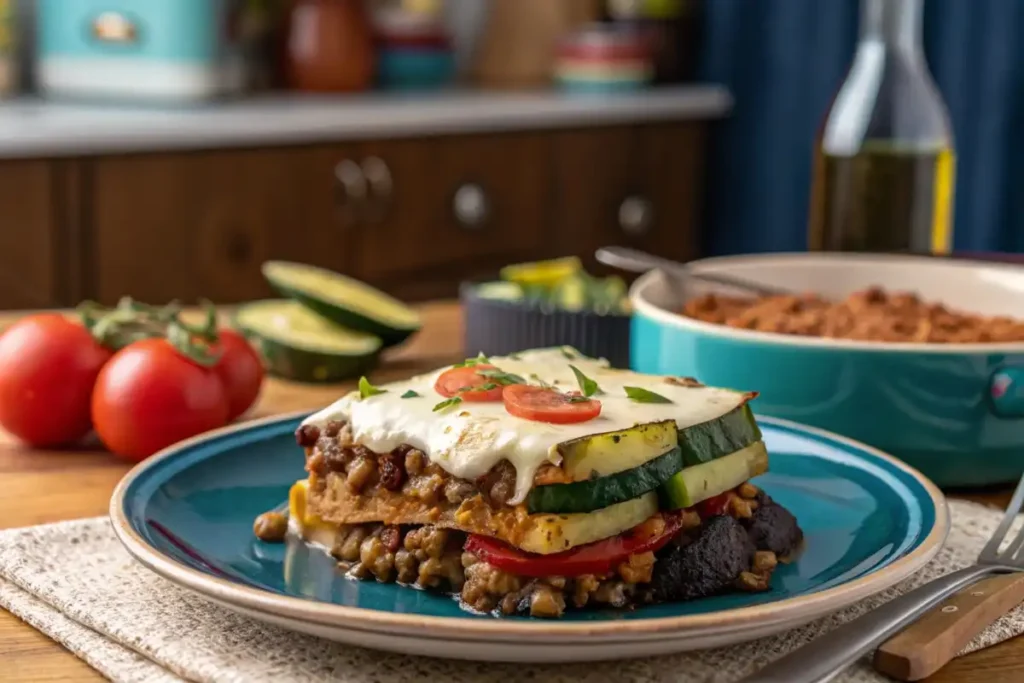 Layering eggplants and meat for moussaka	