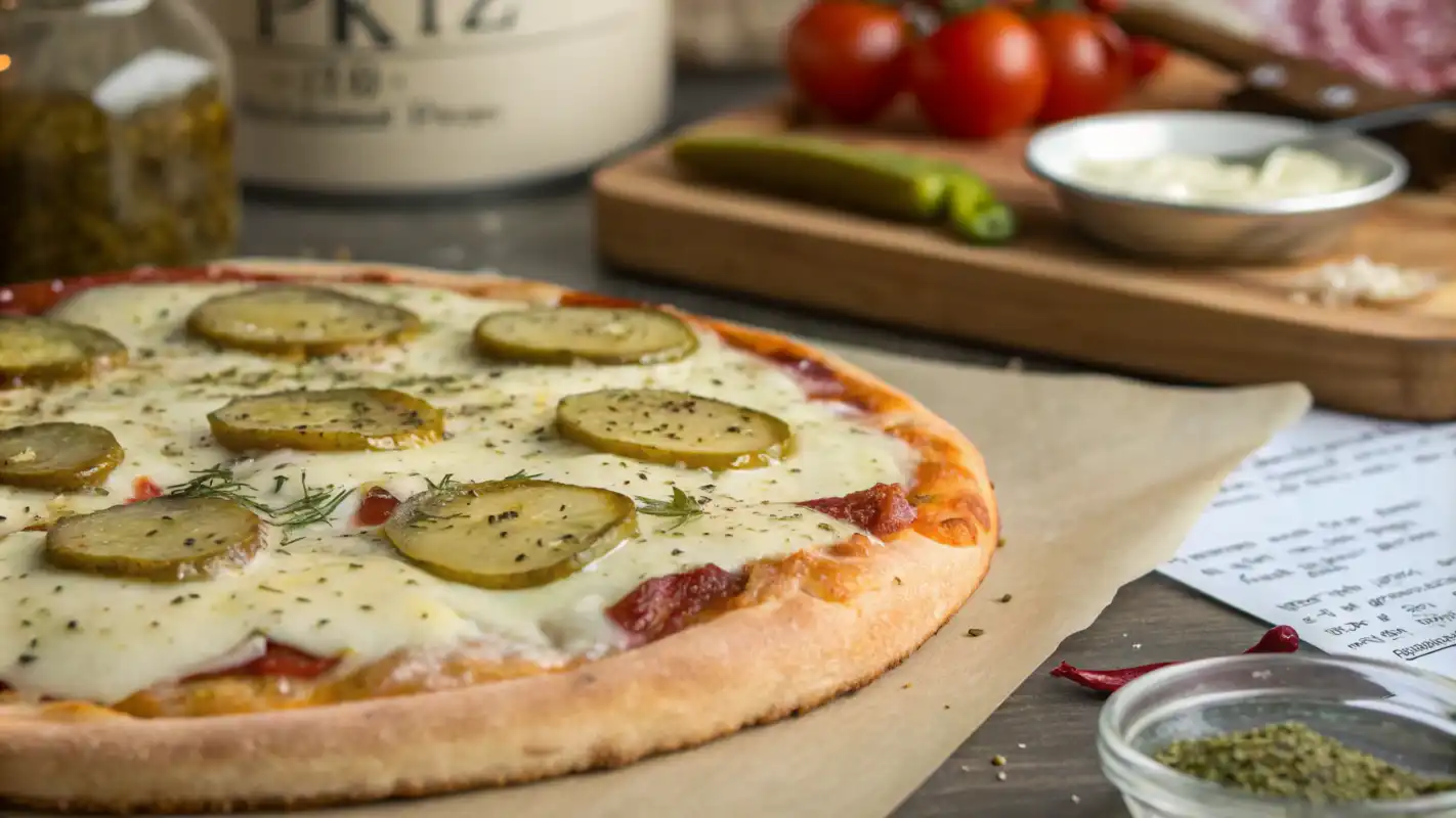 A freshly baked pickle pizza with a golden crust and sliced dill pickles