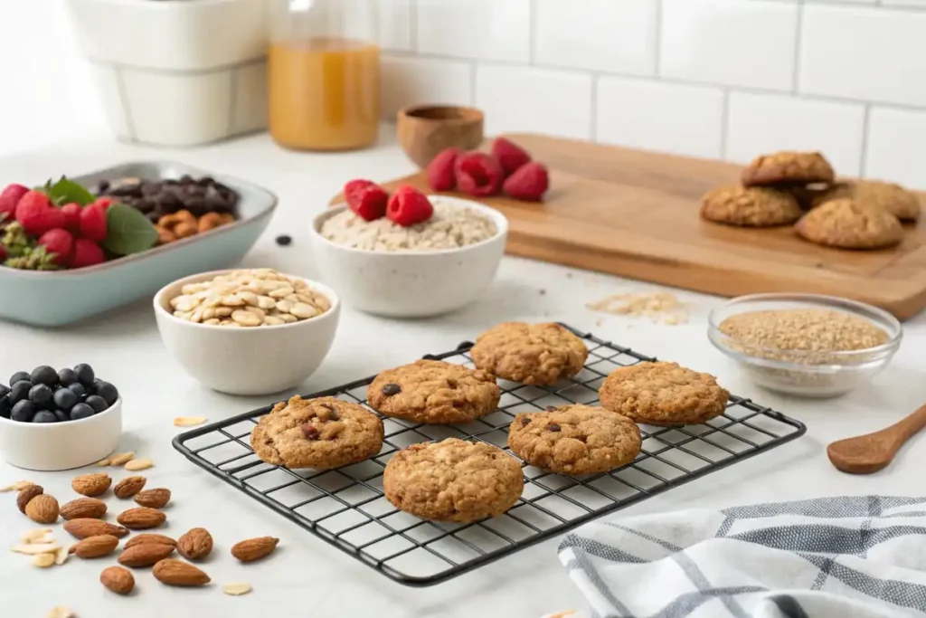 Healthier cookies with oats, nuts, and seeds cooling on a rack, surrounded by wholesome ingredients