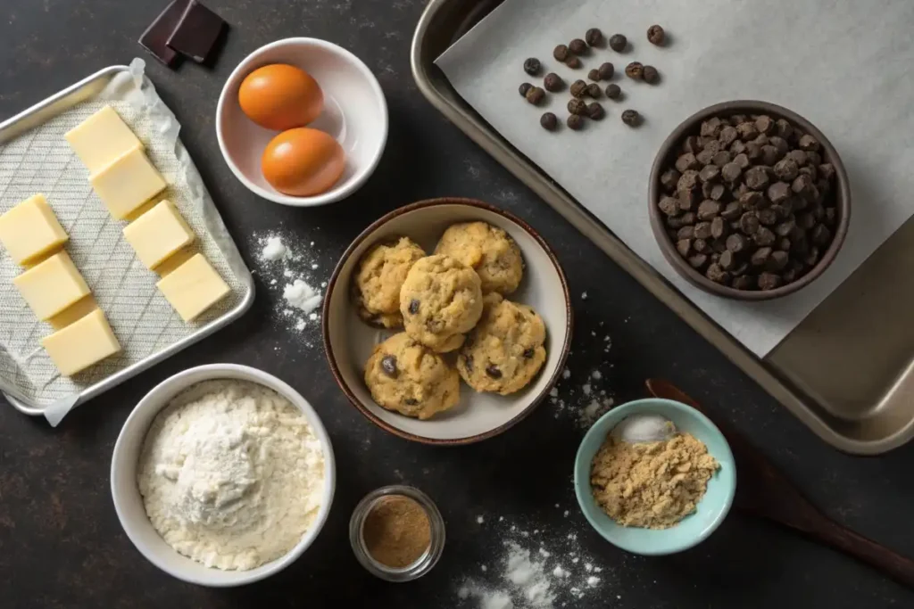 Baking ingredients and cookie dough prepared for classic cookie recipes, with partially baked cookies nearby