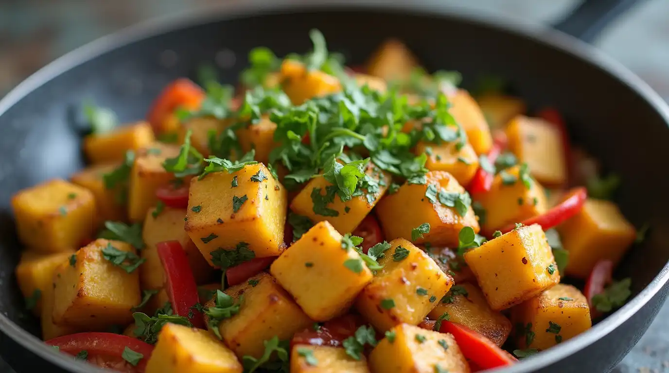 30 grams of protein look like for breakfast Colorful tofu scramble with mixed vegetables in a skillet, garnished with fresh herbs