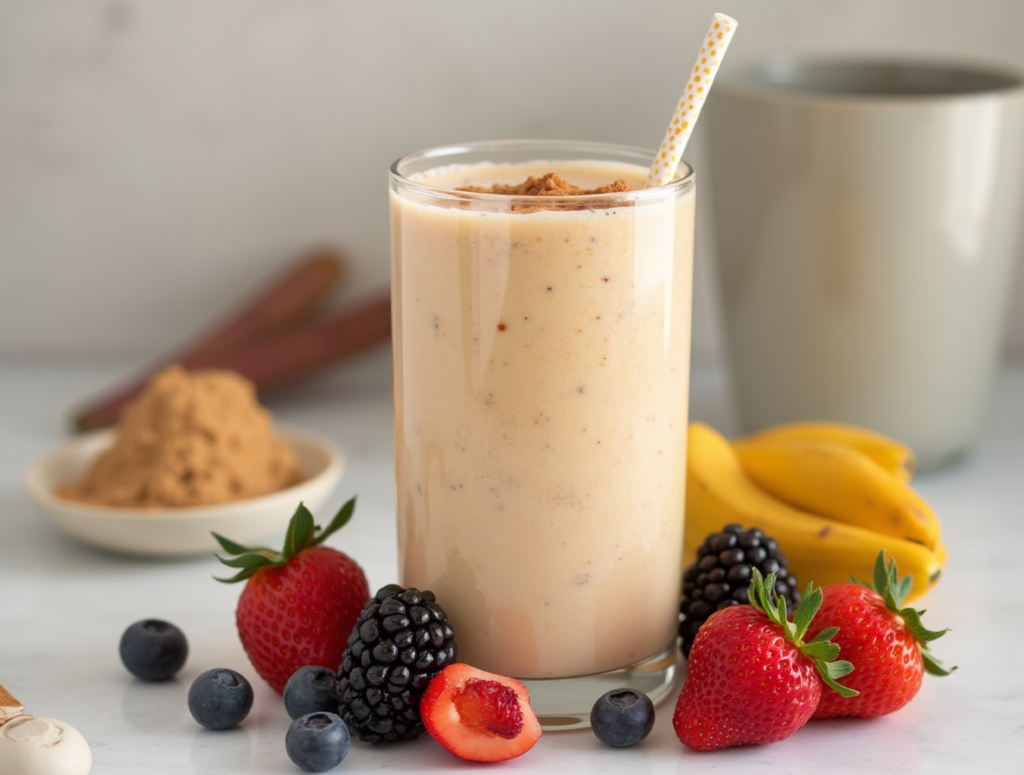 An overhead view of a protein smoothie with banana, almond butter, and a scoop of protein powder on a wooden table