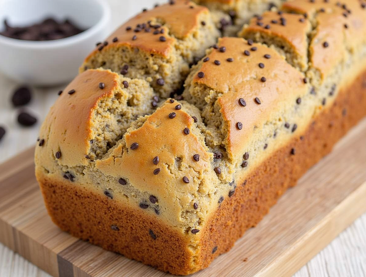 A loaf of freshly baked high protein bread on a wooden board