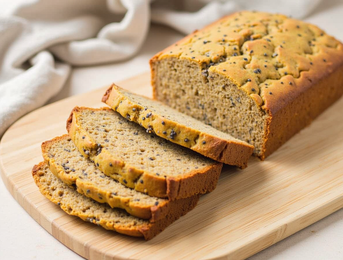 Slices of homemade protein bread on a wooden cutting board