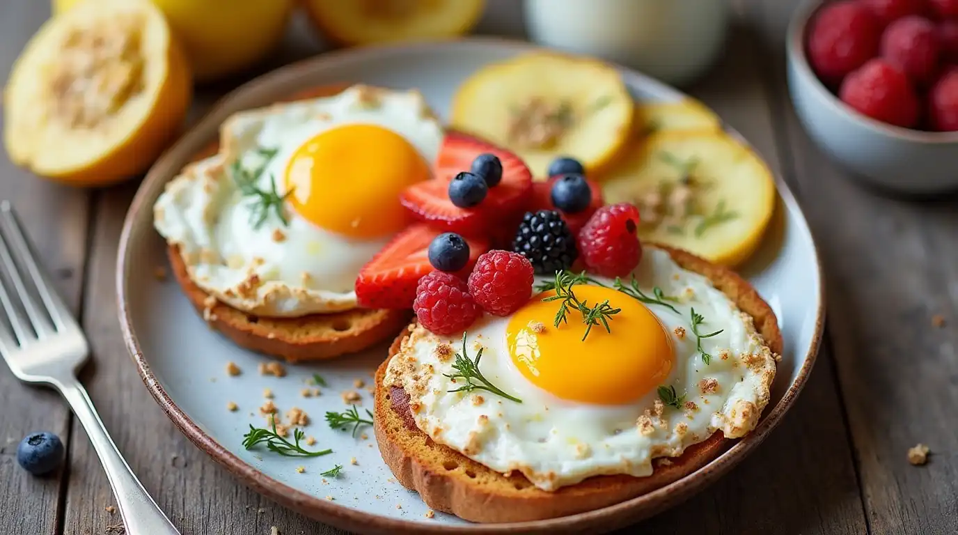 A high-protein breakfast spread with eggs, Greek yogurt, and fresh fruit