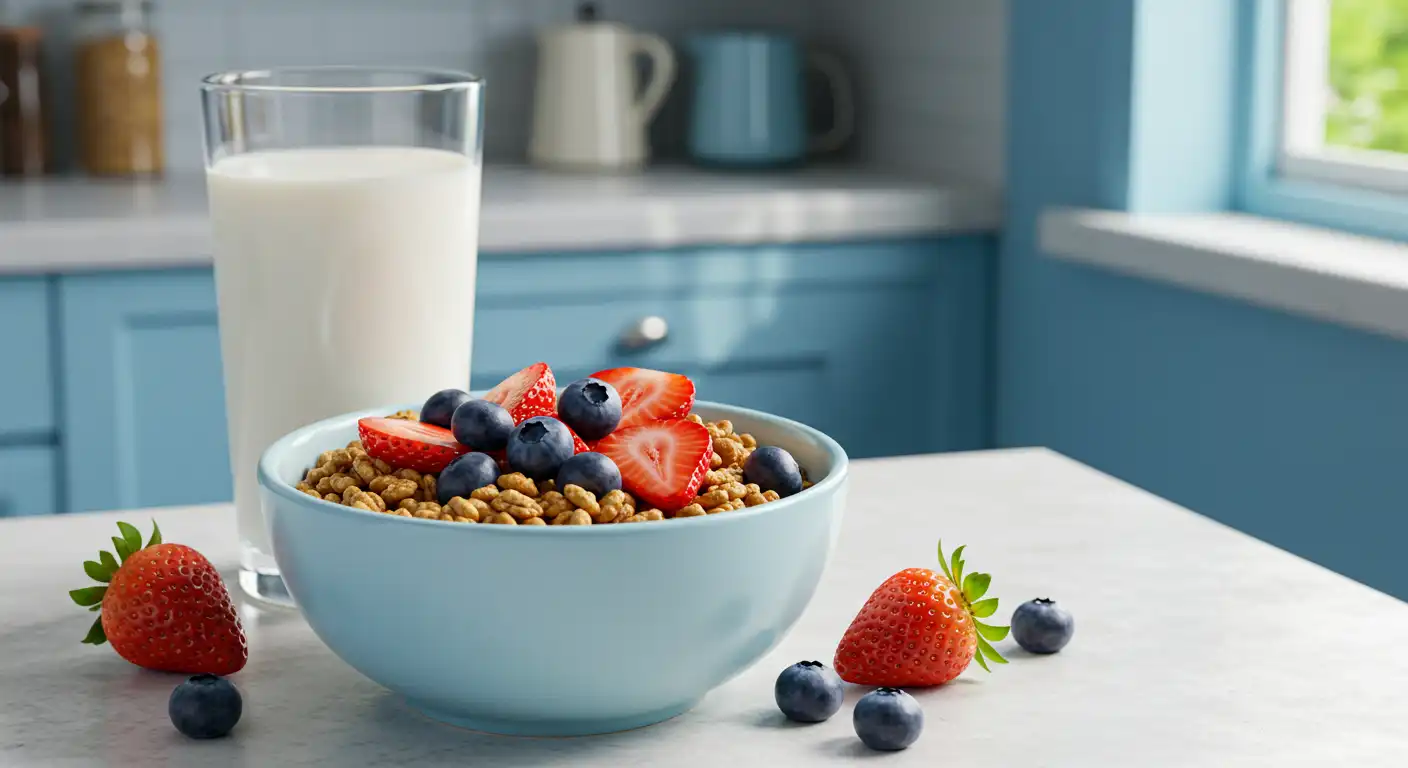 Bowl of protein cereal with milk, fresh strawberries, and blueberries