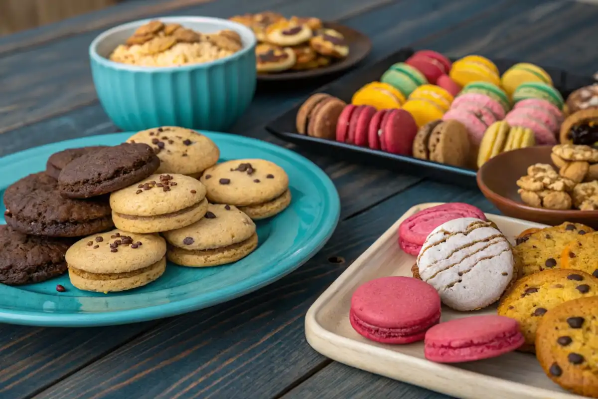 A vibrant assortment of various cookies on a wooden table