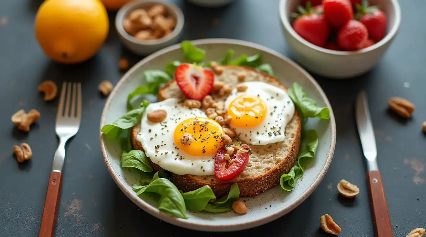 High-protein breakfast including eggs, Greek yogurt, and nuts