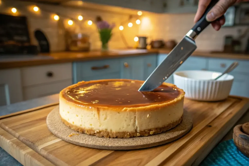 cutting into reeses caramel cheesecake