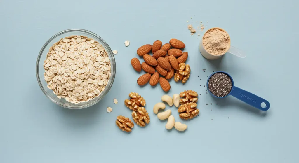 Ingredients for homemade protein cereal, including oats, nuts, seeds, and protein powder