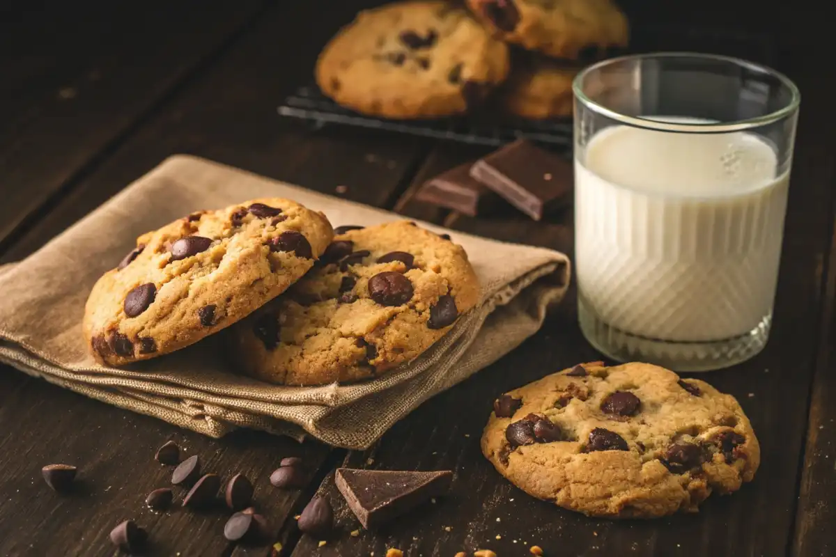 Close-up of chocolate chip cookies with a glass of milk on a wooden table