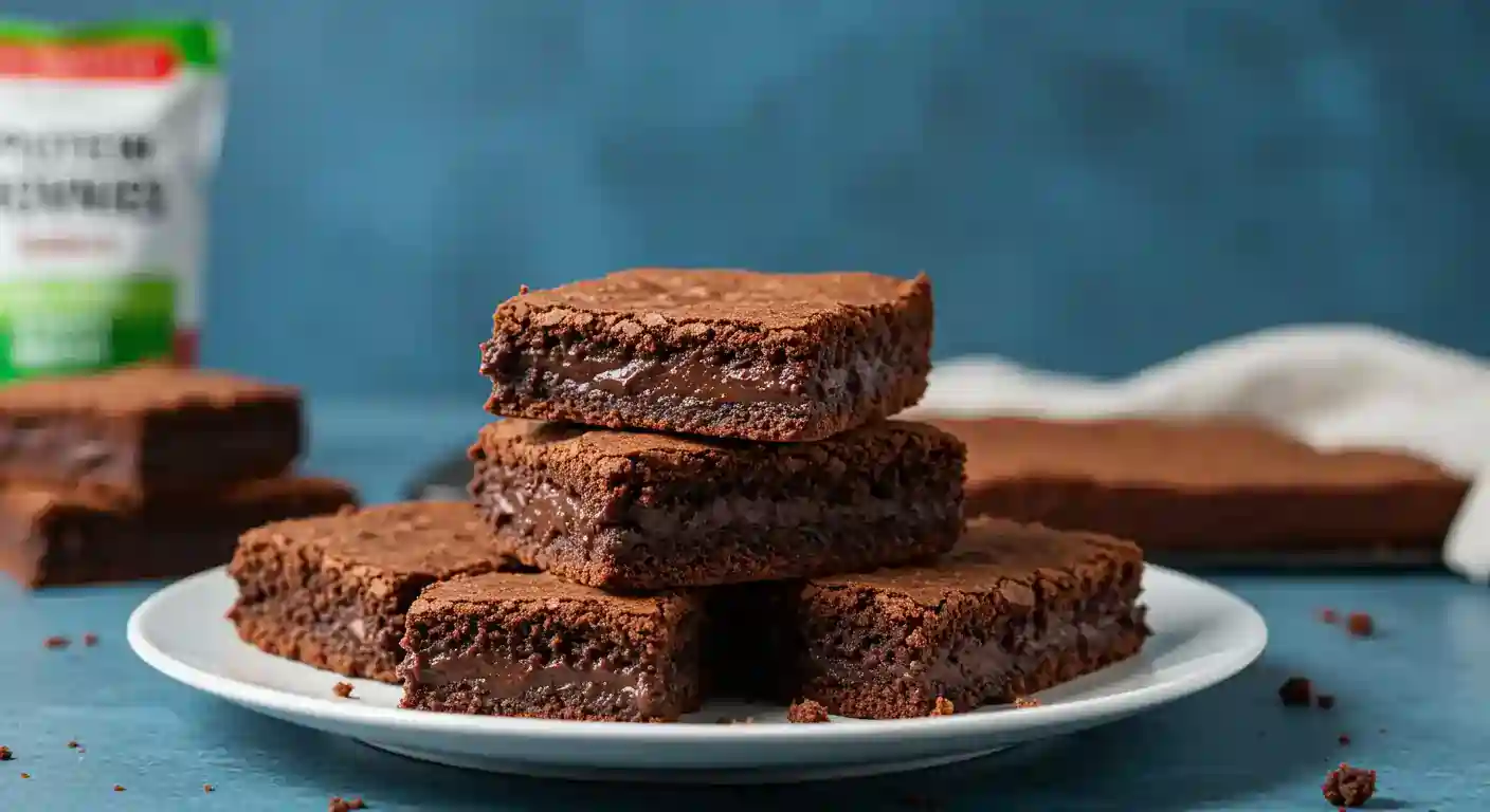 A close-up image of freshly baked protein brownies stacked on a white plate