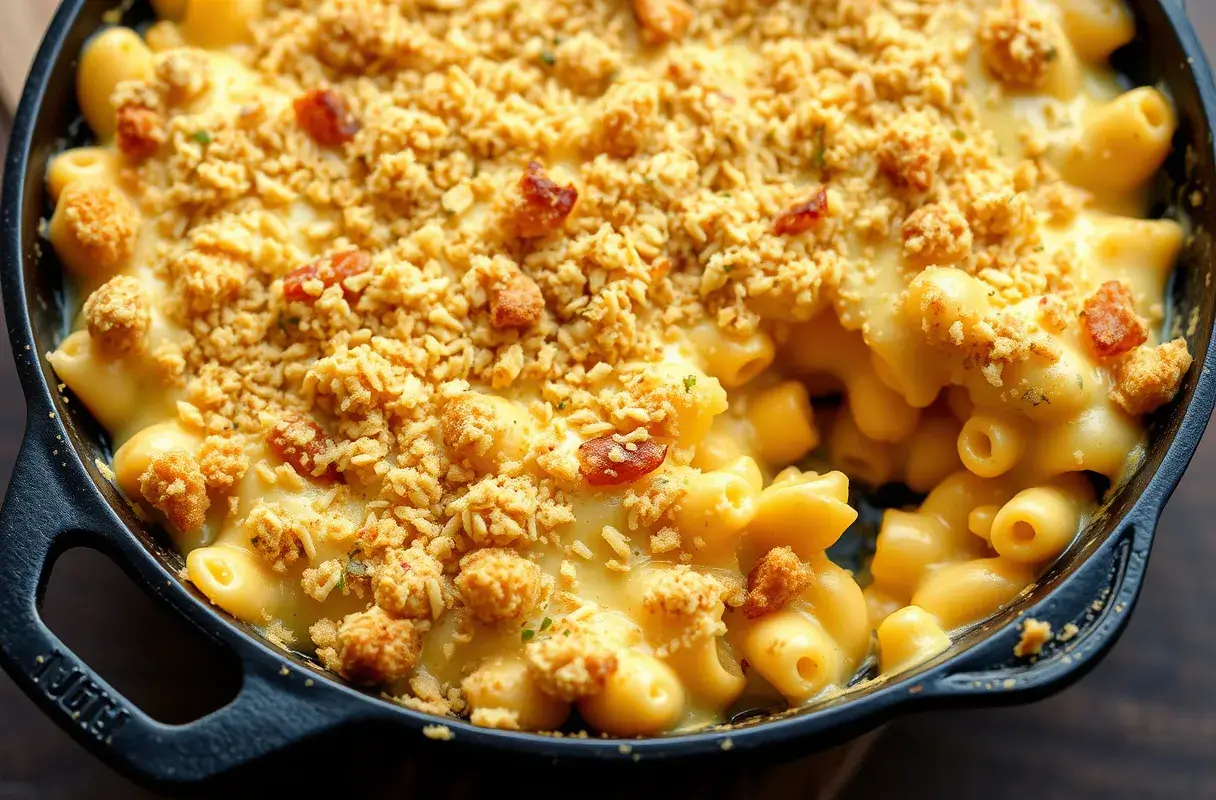 Smoked mac and cheese in a cast-iron skillet with a golden breadcrumb topping