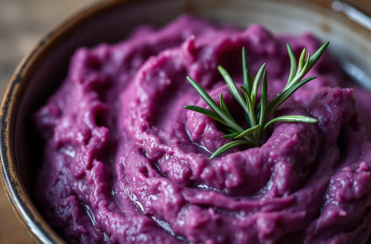 Roasted purple sweet potatoes on a baking sheet