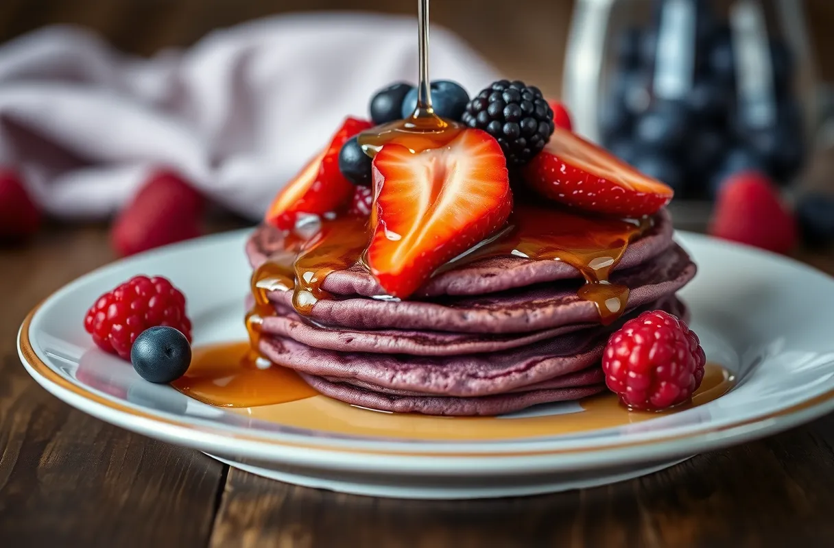 Purple sweet potato pancakes topped with berries