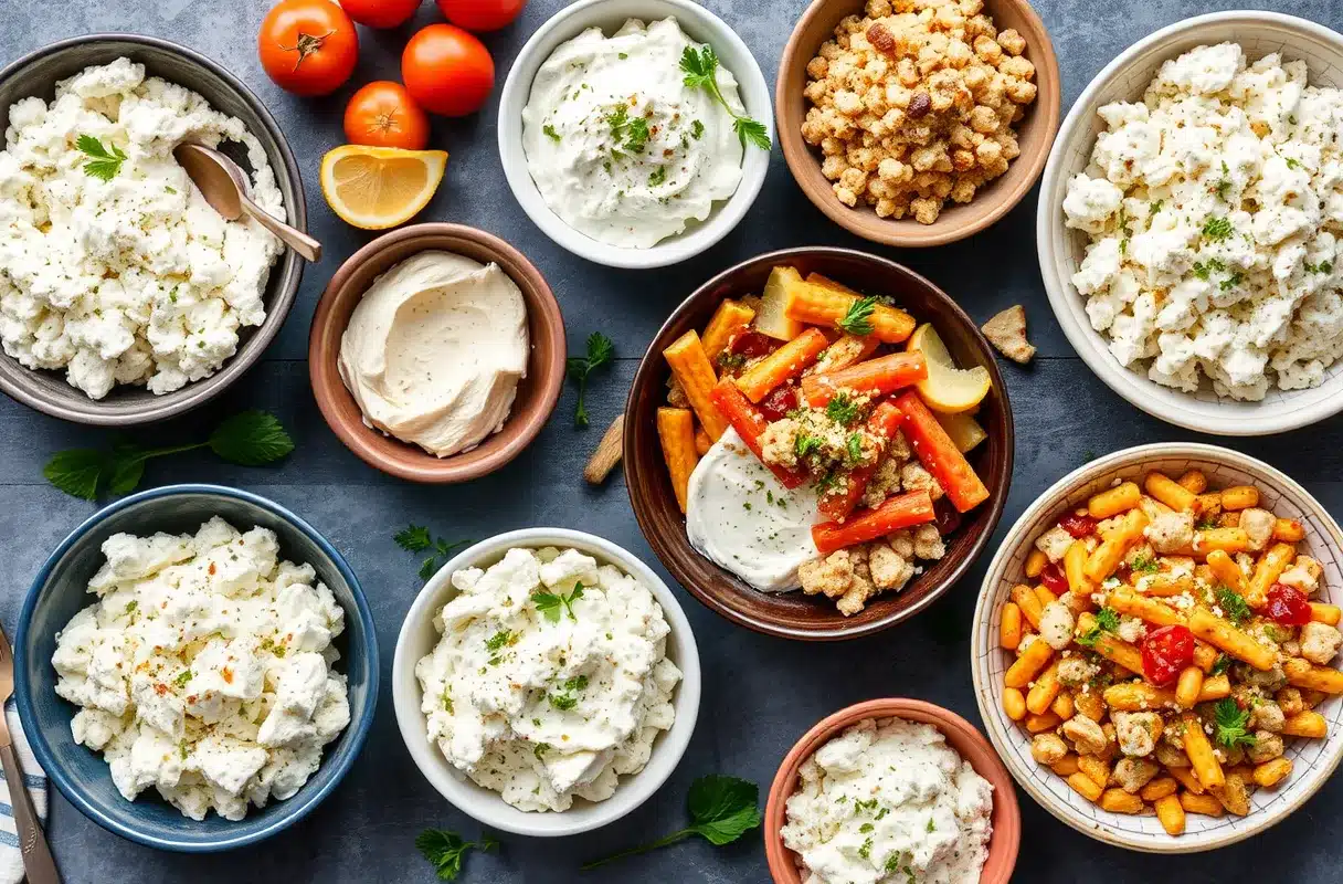 Variety of dishes made with cottage cheese on a wooden table