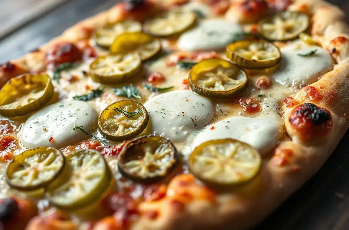 Homemade pickle pizza with mozzarella cheese and dill pickles