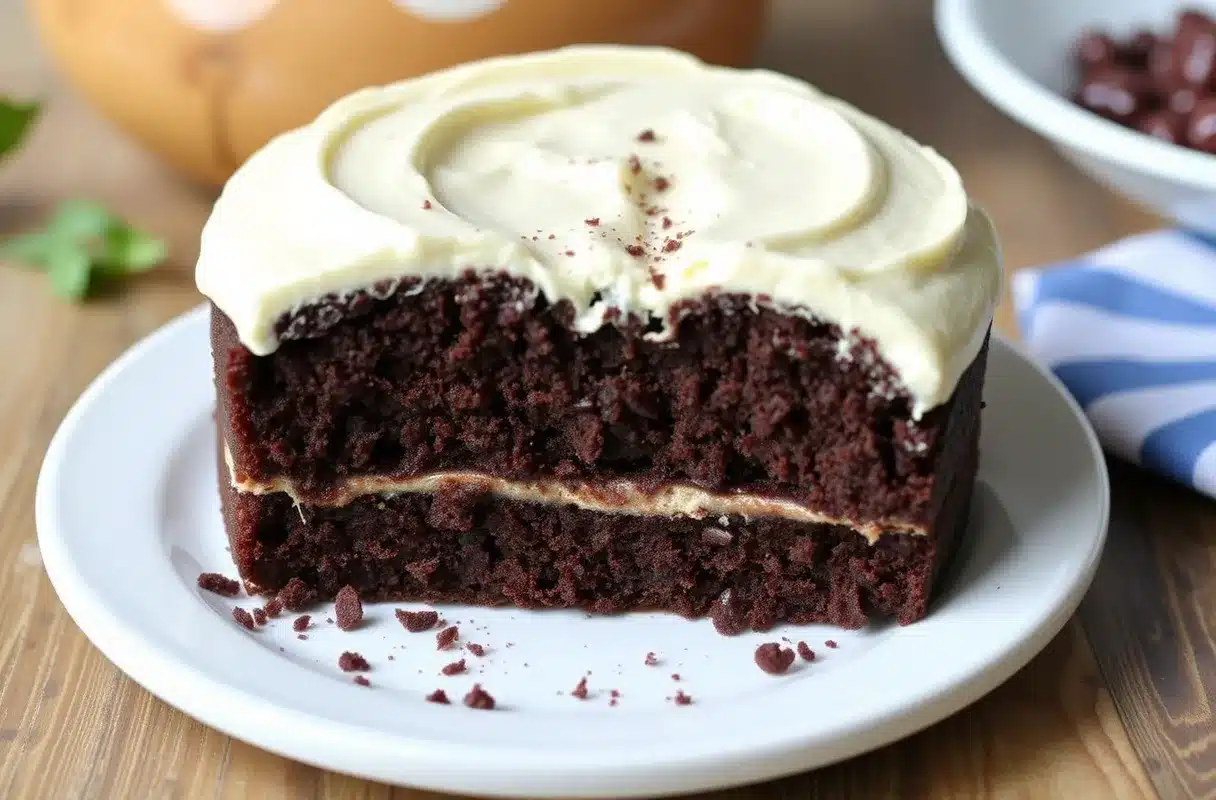 A moist chocolate cake with rich frosting on a white plate