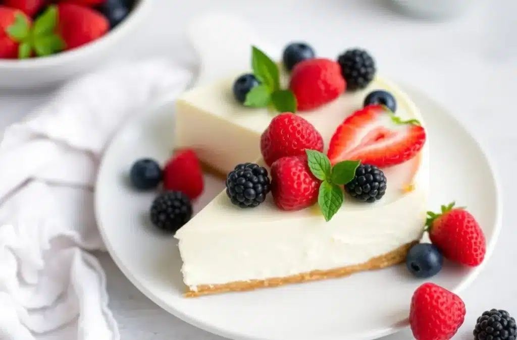 A slice of cottage cheese cheesecake with fresh berries on top