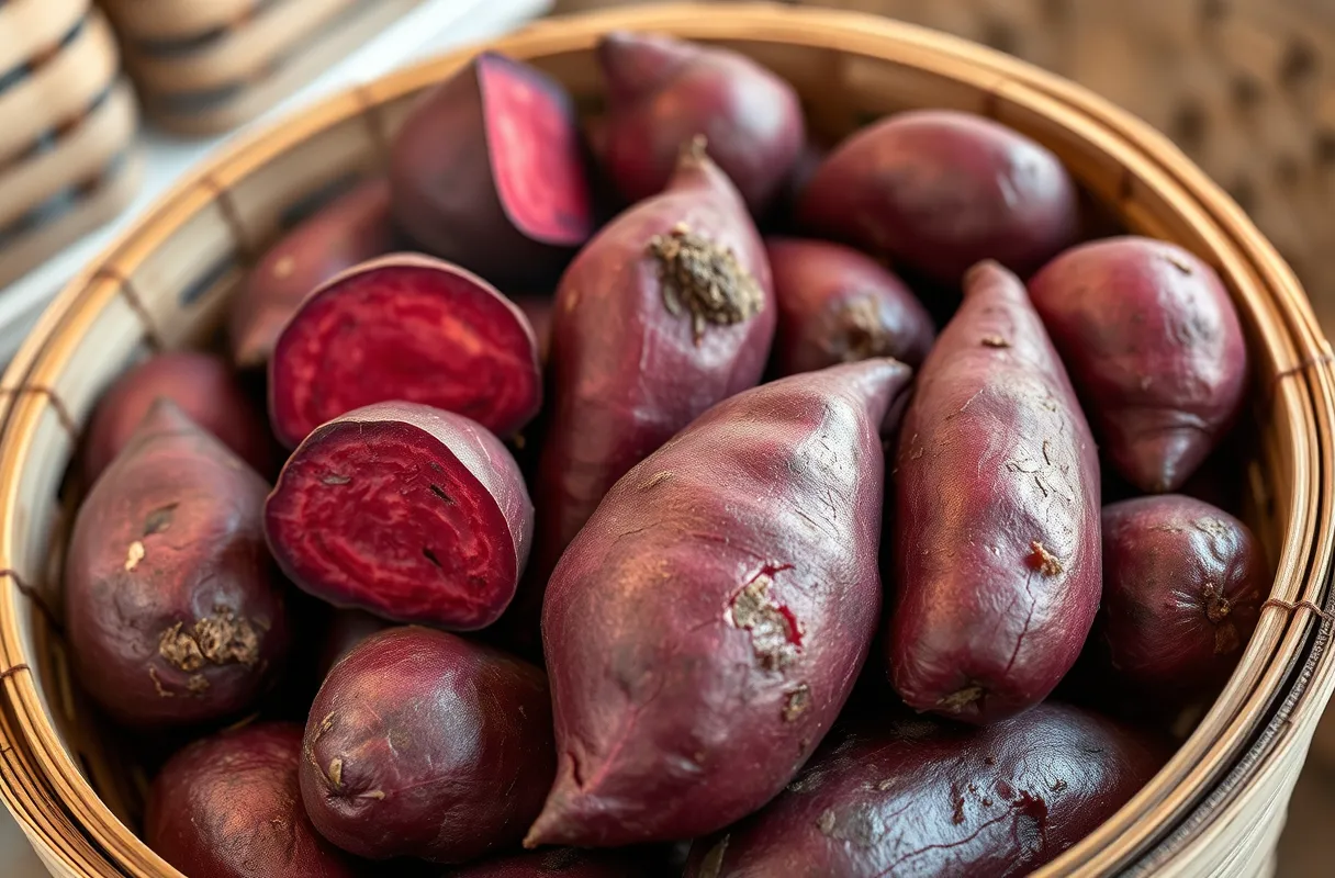 Steamed purple sweet potatoes in a steamer basket