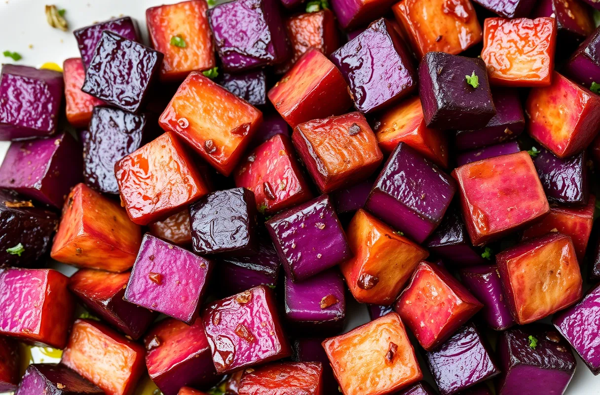 Roasted purple sweet potato cubes on a baking tray