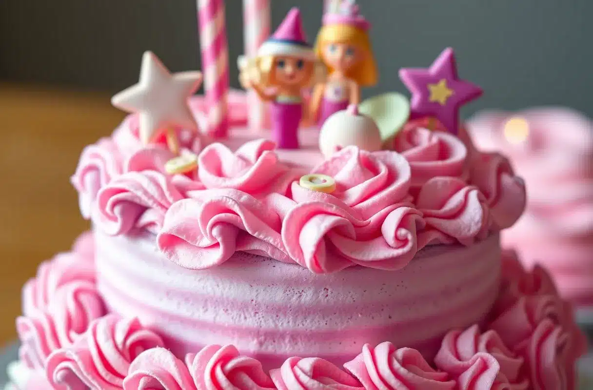 Barbie cake with pink and purple frosting, decorated with edible pearls