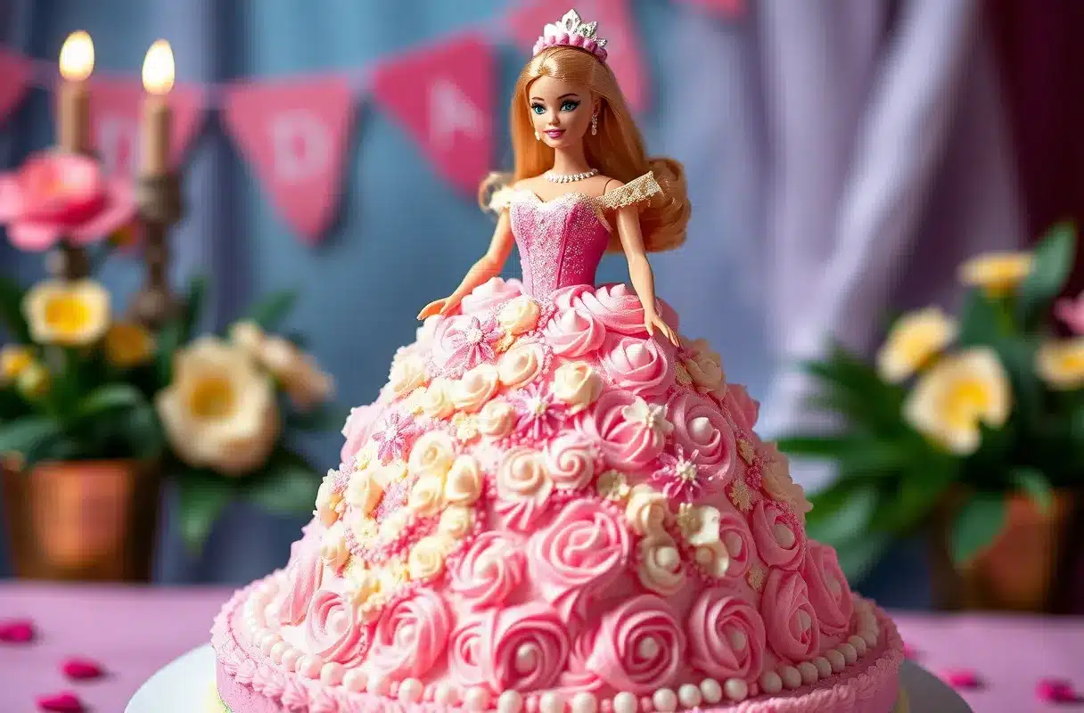 Beautiful doll cake with pastel colors and intricate decorations