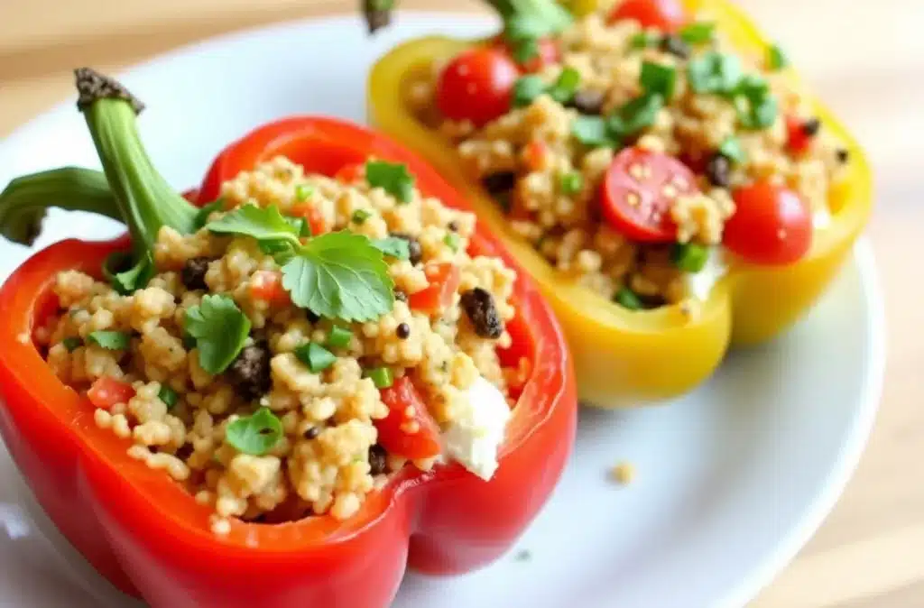 Bright bell peppers stuffed with cottage cheese and quinoa