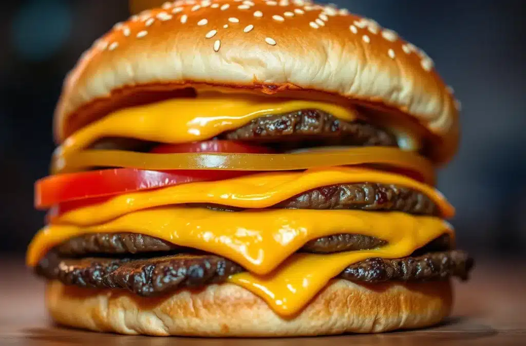 Close-up of a classic McDonald’s Big Mac showing two beef patties, lettuce, cheese, pickles, onions, and special sauce on a three-part sesame seed bun